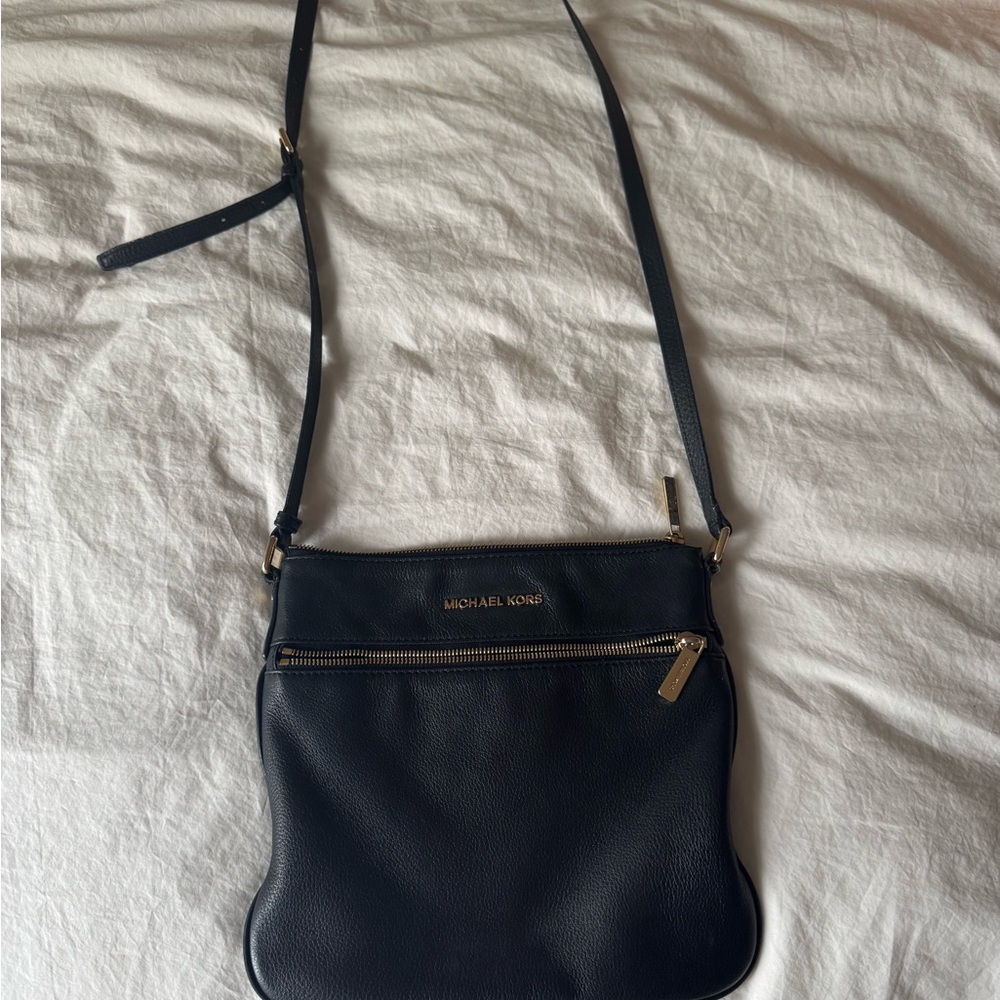Michael Kors Black Leather Crossbody Bag with Gold Accents